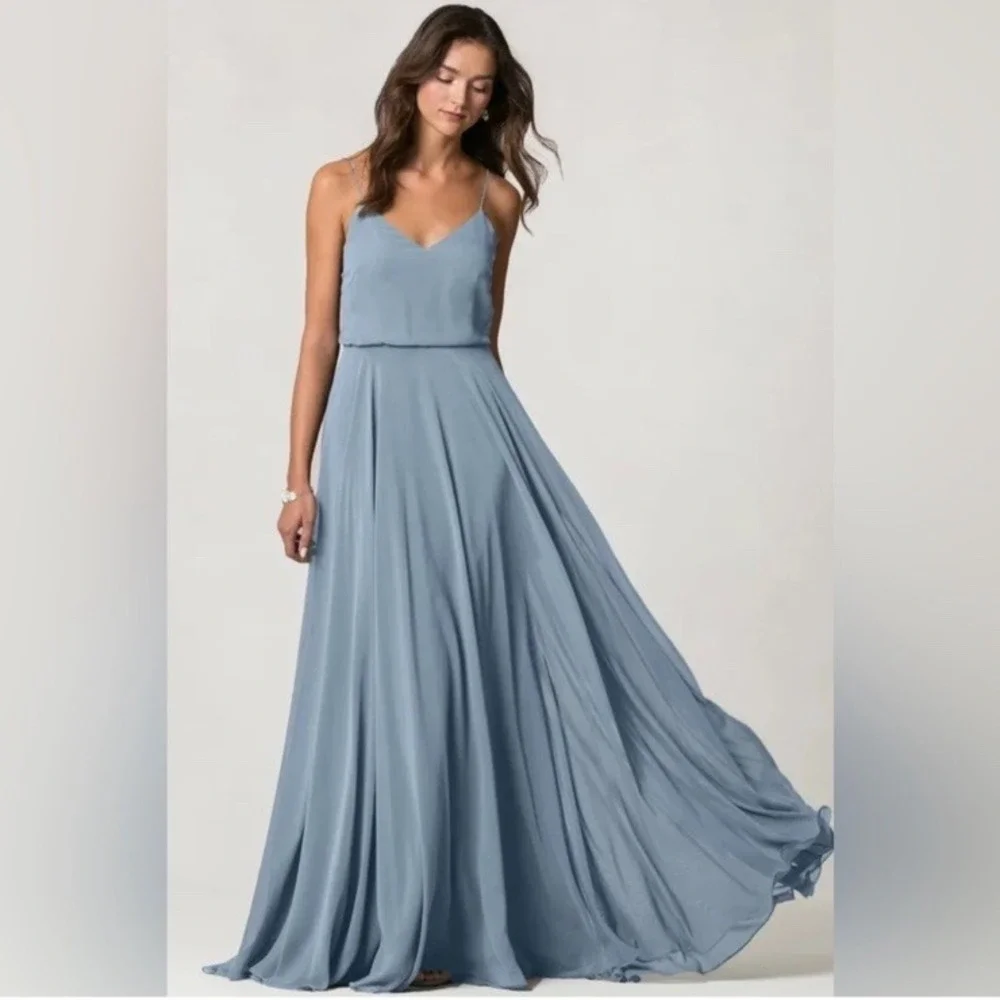 Jenny Yoo Inesse Chiffon Gown Size 6 Bridesmaid Dress Stormy Blue Gray Wedding